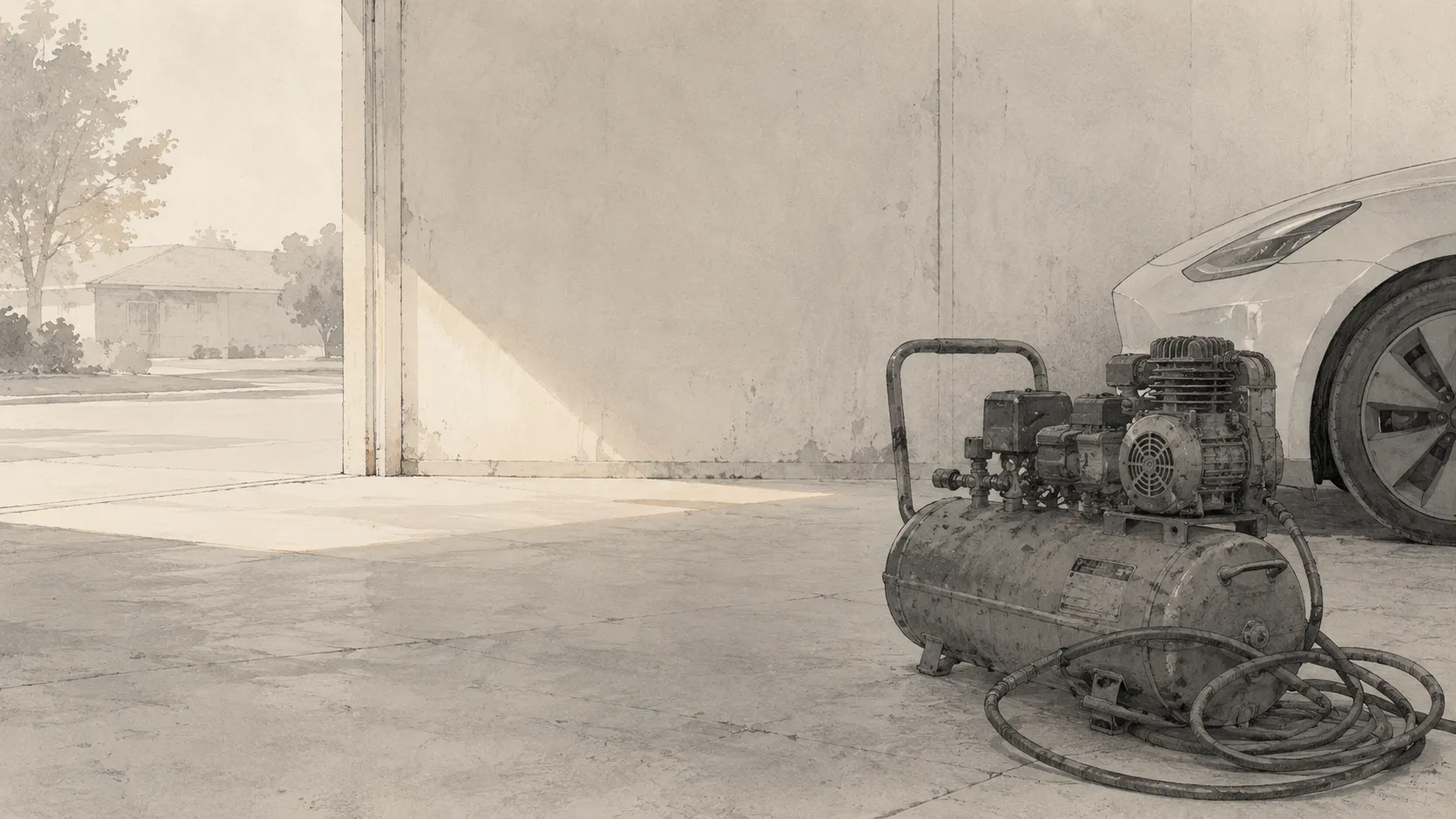 A line-and-wash drawing of an old air compressor sitting in the corner of a quiet garage at morning, an electric car behind it.